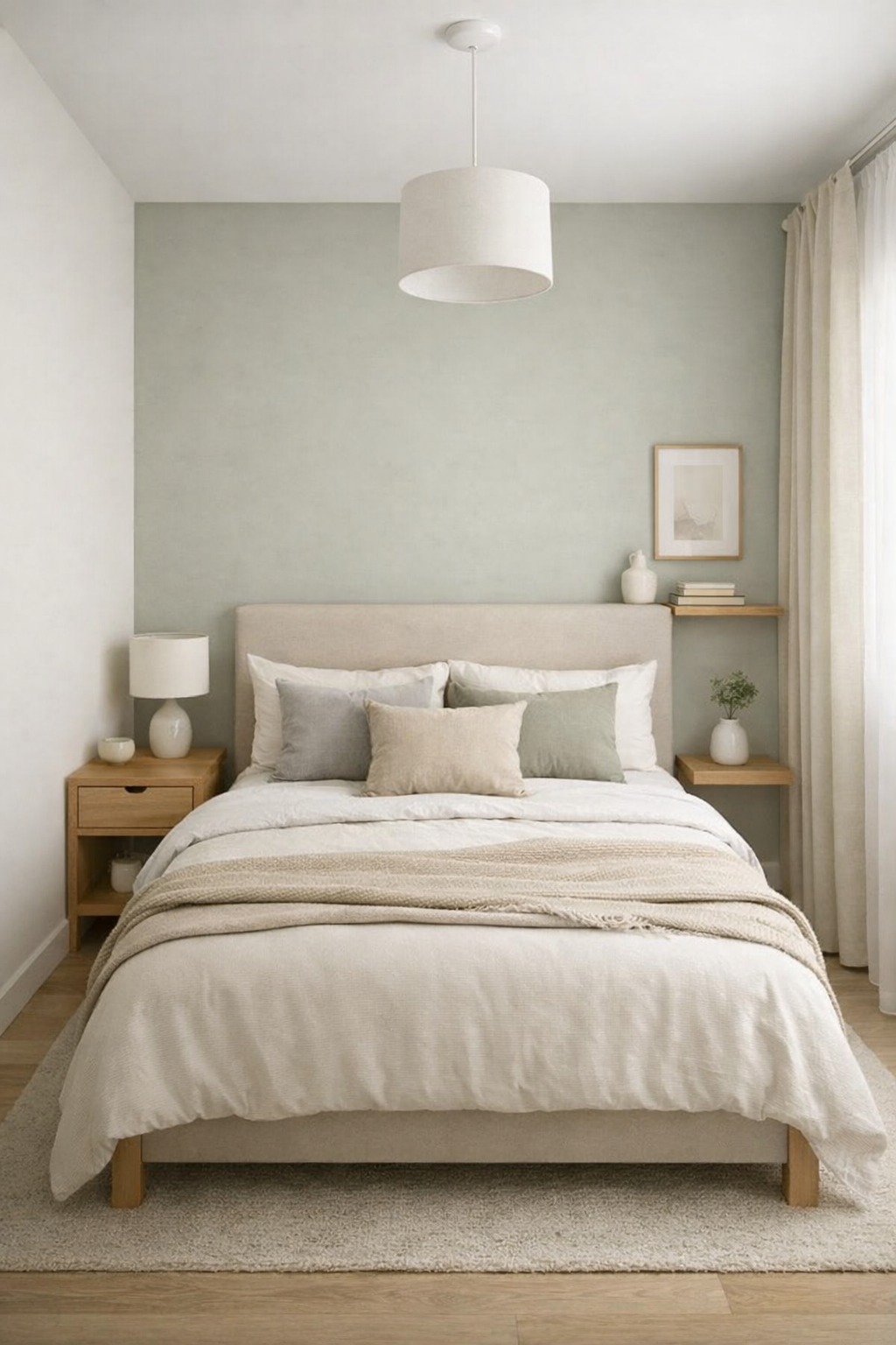 Small bedroom with calm sage and warm white palette